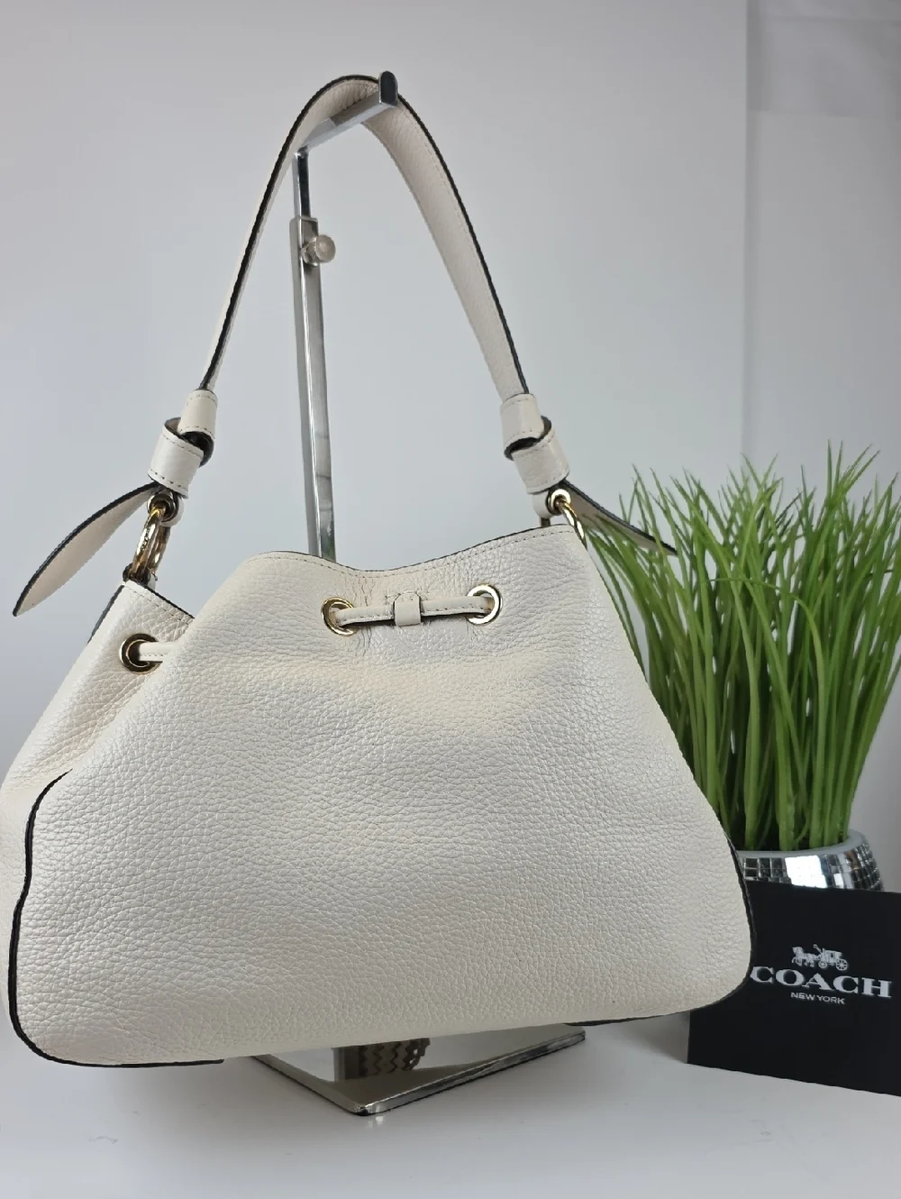 Coach Everly White Pebbled Leather Drawstring Shoulder Bag
